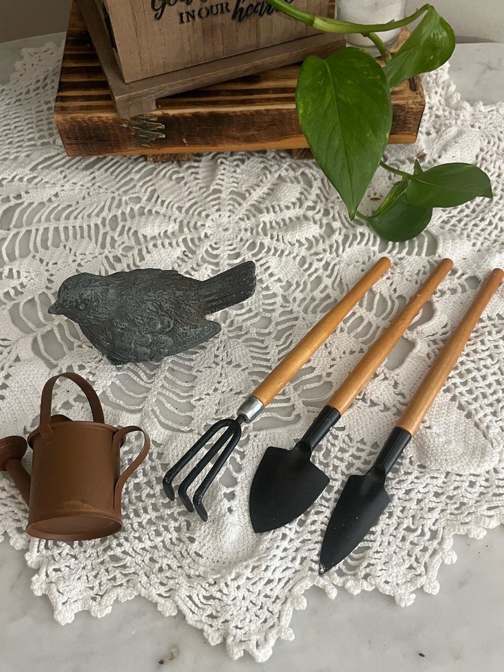 Mini Garden Tool Set with mini watering can and resin bird Garden Theme Decor